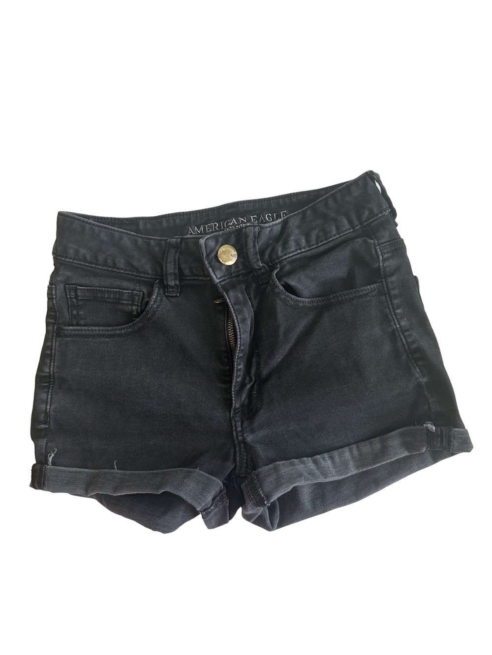 American Eagle Women's Black Denim Roll-Cuff Super Super Stretch Shorts